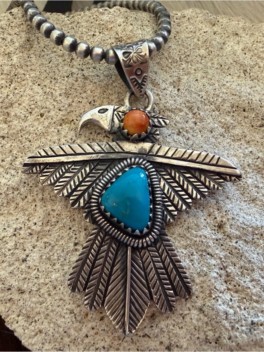❤️ Kingman Turquoise Spiny Oyster Thunderbird Navajo Sterling Statement Pendant